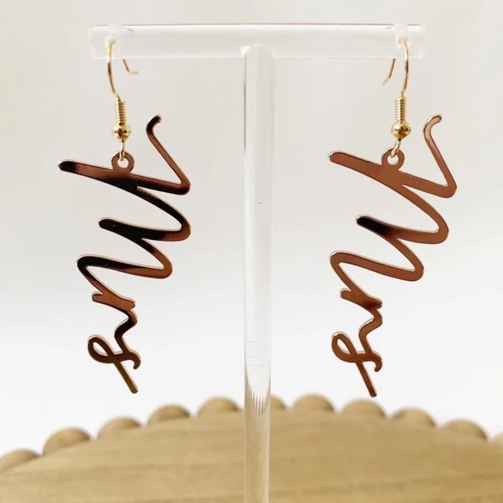 B2G1•Mrs Gold Cursive Earrings | Bride Bridal Bachelorette Honeymoon Wedding